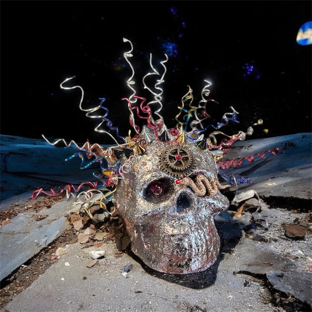 Cyberpunk Robot Skull Sculpture • Handmade Concrete Skull Art